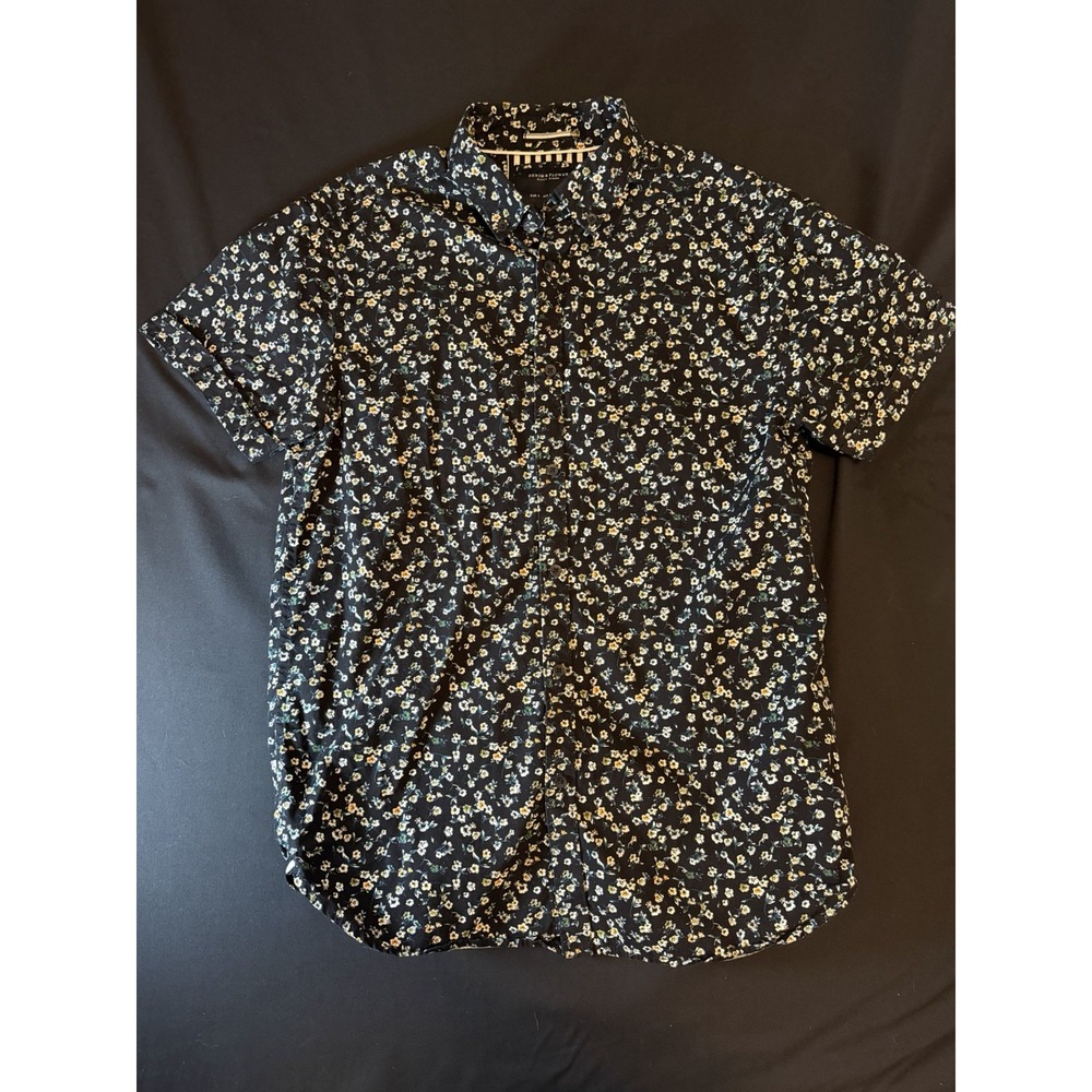Denim & Flower Black Floral Print Men's Short Sleeve Button Up Shirt, Small
